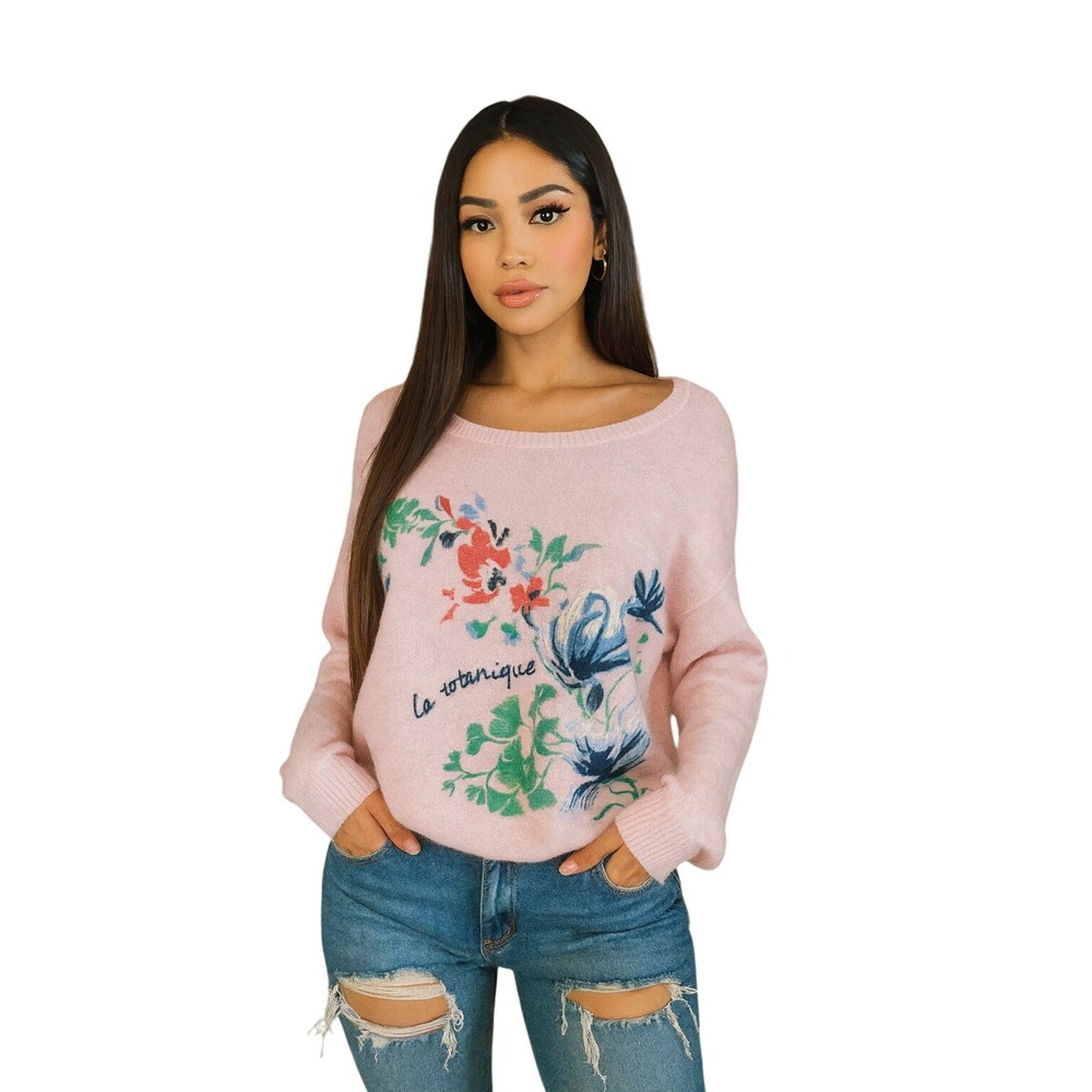 L.O.G.G. Women's Pink Floral Embroidered Long Sleeve Crewneck Sweater Wool Blend